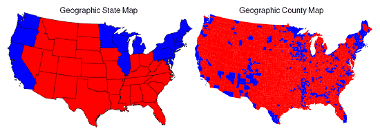 Figure: Geographic State and County Maps of the United States depicting 'red' and 'blue' areas.